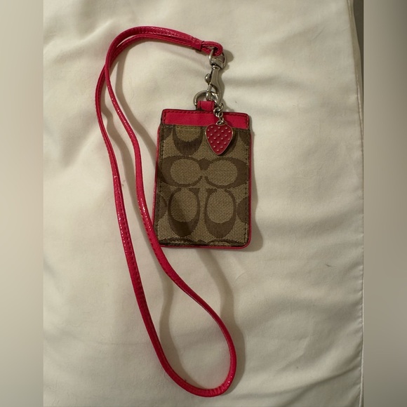Coach Tan and Pink Card Holder with Lanyard and Strawberry Charm - Picture 3 of 5